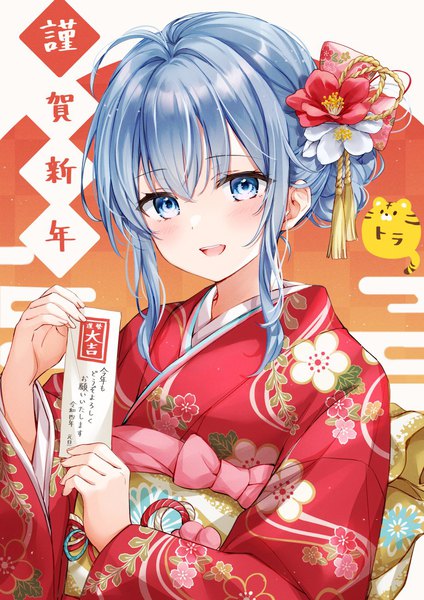 Anime picture 919x1300 with original higeneko single long hair tall image open mouth blue eyes blue hair upper body traditional clothes :d japanese clothes floral print new year nengajou egasumi girl hair ornament kimono obi