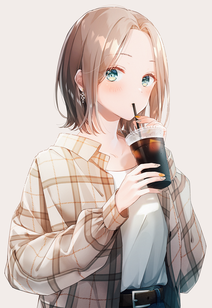 Anime picture 1100x1594 with original aoi yuki single tall image looking at viewer blush fringe short hair simple background brown hair upper body long sleeves nail polish aqua eyes fingernails open shirt plaid drinking girl earrings