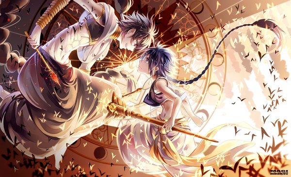 Anime picture 1015x620 with magi the labyrinth of magic a-1 pictures judal aladdin (magi) instockee long hair open mouth blue eyes black hair red eyes wide image blue hair profile barefoot inscription multiple boys magic single braid muscle boy