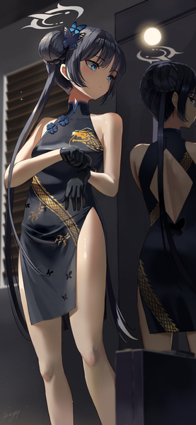 Anime picture 1447x3136 with blue archive kisaki (blue archive) may9 single long hair tall image fringe blue eyes light erotic black hair standing bare shoulders signed payot looking away indoors traditional clothes blurry hair bun (hair buns) turning head