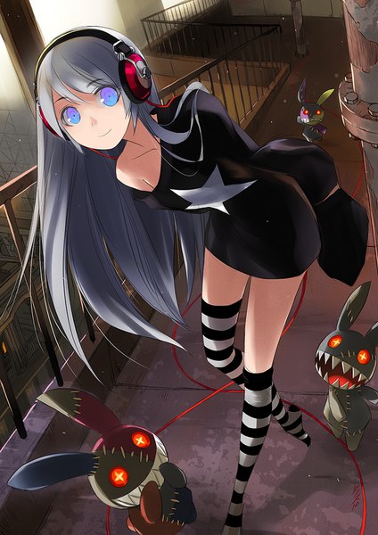 Anime picture 764x1080 with original kriss sison single long hair tall image looking at viewer fringe open mouth smile standing grey hair off shoulder teeth no shoes legs glowing glowing eye (eyes) multicolored eyes girl thighhighs