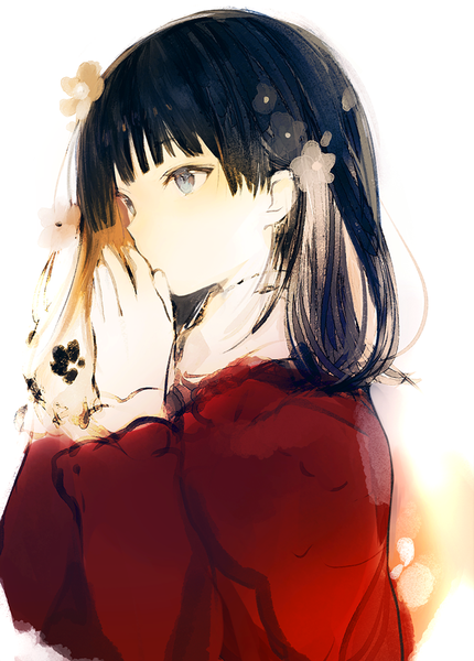 Anime-Bild 650x907 mit original lpip single long hair tall image blush fringe black hair simple background white background looking away upper body long sleeves hair flower grey eyes sketch girl flower (flowers) sweater