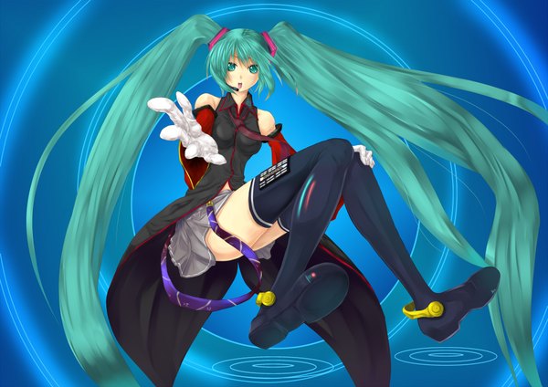Anime picture 2000x1416 with vocaloid hatsune miku mitsuki shion single long hair highres open mouth twintails bare shoulders green eyes very long hair green hair girl gloves detached sleeves necktie thigh boots microphone suspenders