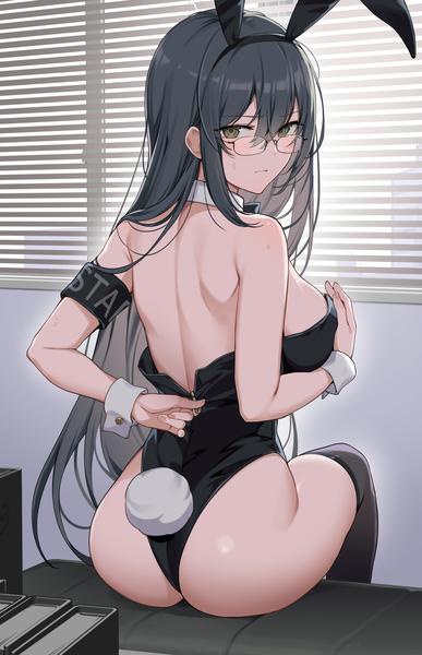 Anime picture 1161x1800 with original ikomochi single long hair tall image looking at viewer blush fringe breasts light erotic black hair hair between eyes large breasts sitting brown eyes animal ears payot ass indoors tail