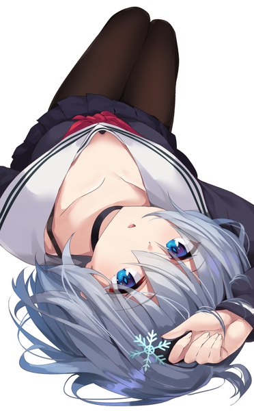 Anime-Bild 1080x1740 mit ryuuou no oshigoto! sora ginko yuuuuu single long hair tall image looking at viewer blush fringe open mouth blue eyes simple background hair between eyes white background silver hair lying pleated skirt on back hand on head upside down