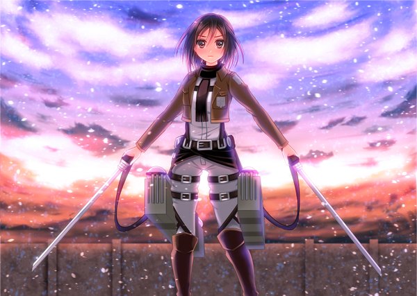 Anime picture 1500x1069 with shingeki no kyojin production i.g mikasa ackerman yuzukaze rio single looking at viewer short hair black hair holding brown eyes cloud (clouds) open clothes open jacket fighting stance dual wielding girl weapon sword boots scarf