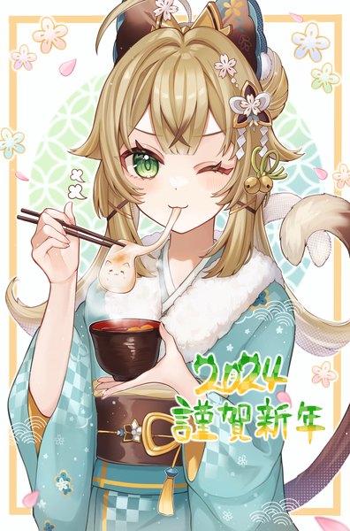 Anime picture 1981x3000 with genshin impact kirara (genshin impact) kirara (post office) (genshin impact) mokankan single long hair tall image looking at viewer highres blonde hair green eyes upper body ahoge tail traditional clothes japanese clothes animal tail one eye closed cat tail official alternate costume