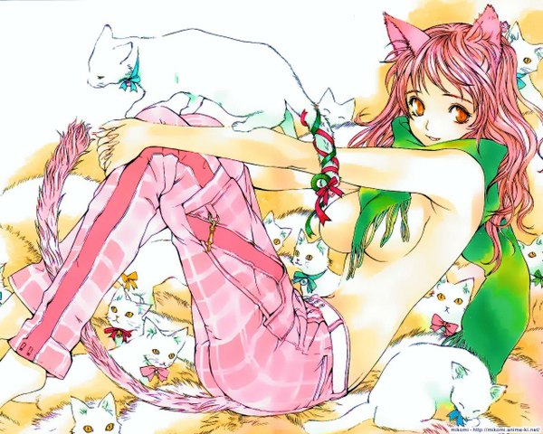 Anime picture 1280x1024 with oogure ito light erotic animal ears cat girl topless girl cat majin devil