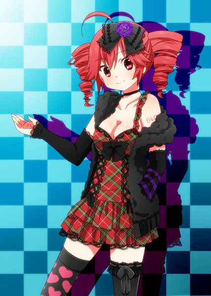 Anime picture 1000x1400 with utau kasane teto saito katuo (artist) single tall image looking at viewer short hair smile red eyes twintails ahoge red hair drill hair short twintails plaid checkered background different thighhighs heart print girl thighhighs