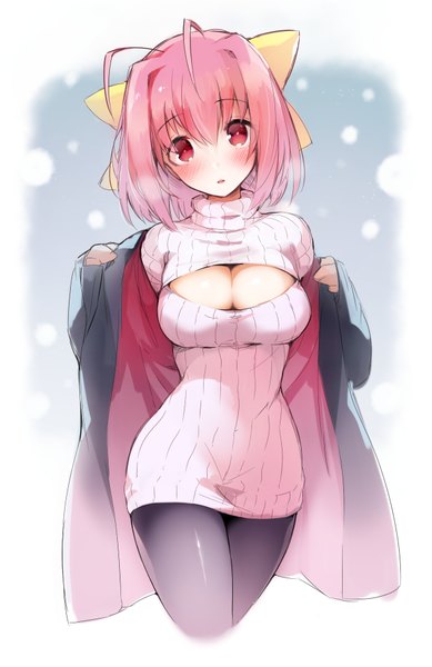 Anime picture 1220x1880 with kami nomi zo shiru sekai nakagawa kanon pyon-kichi single tall image looking at viewer blush short hair breasts light erotic large breasts pink hair cleavage ahoge pink eyes snowing girl bow hair bow pantyhose