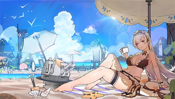 Anime picture 1904x1085 with azur lane belfast (azur lane) plumw single long hair fringe highres breasts light erotic smile hair between eyes wide image large breasts sitting purple eyes holding payot looking away sky silver hair