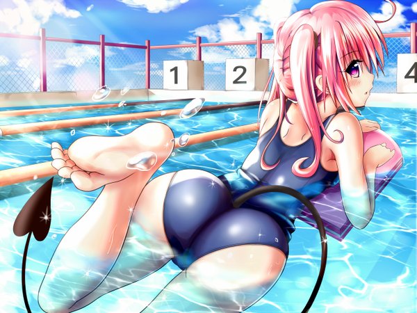 Anime picture 1333x1000 with toloveru toloveru darkness xebec nana asta deviluke xyomouse single long hair looking at viewer light erotic twintails pink hair ass pink eyes looking back barefoot demon tail legs up afloat swimming girl