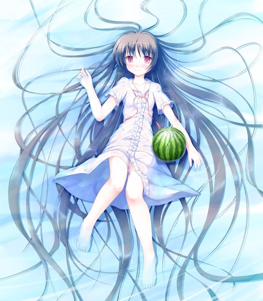 Anime picture 1050x1200 with original yuunagi yuu single long hair tall image black hair smile red eyes girl water food sundress berry (berries) watermelon
