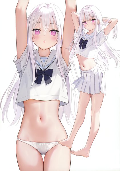 Anime picture 2526x3600 with original shiro-chan (mignon) mignon long hair tall image looking at viewer blush fringe highres open mouth light erotic simple background hair between eyes white background full body white hair pleated skirt pink eyes barefoot scan