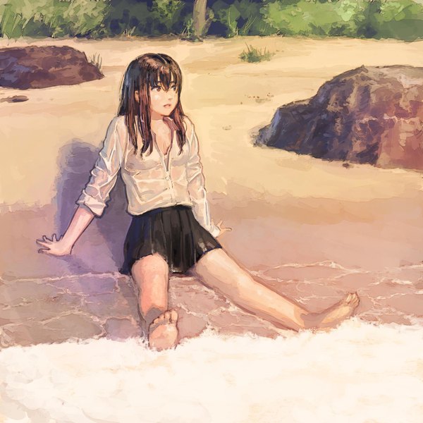 Anime picture 1500x1500 with original nazoani museum single long hair fringe breasts hair between eyes brown hair sitting brown eyes payot looking away full body pleated skirt barefoot arm support shadow beach partially submerged evening