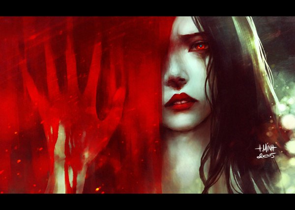 Anime picture 1400x1000 with original mara (original character) nanfe single long hair looking at viewer open mouth black hair red eyes signed parted lips realistic teeth lipstick tears dated letterboxed pale skin red lipstick 2015