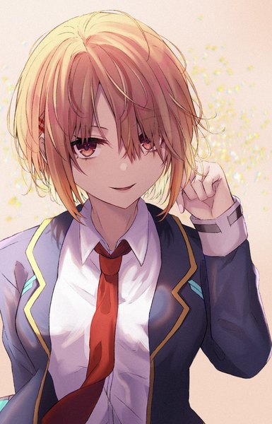Anime picture 1222x1902 with heaven burns red kayamori ruka dande cat single tall image looking at viewer fringe short hair blonde hair smile red eyes upper body hair over one eye girl necktie