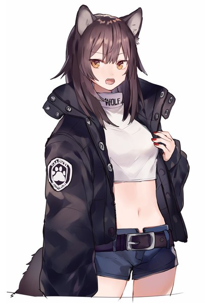 Anime picture 600x885 with original shugao single long hair tall image looking at viewer fringe breasts open mouth simple background hair between eyes brown hair white background animal ears tail nail polish animal tail open jacket bare belly orange eyes