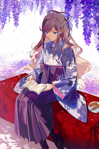 Anime picture 2362x3543 with original aokiku single long hair tall image highres blue eyes brown hair sitting traditional clothes japanese clothes half updo reading meiji schoolgirl uniform girl flower (flowers) petals food sweets book (books)