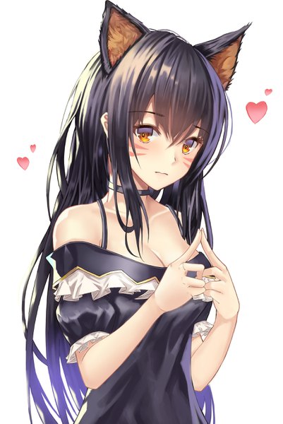 Anime picture 1800x2689 with original cup6542 single long hair tall image looking at viewer blush fringe highres breasts black hair simple background hair between eyes standing white background bare shoulders brown eyes animal ears payot cleavage