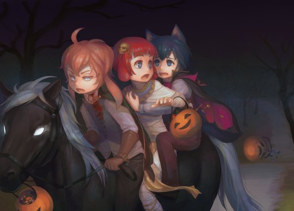 Anime picture 1455x1049 with original advanced-random long hair short hair open mouth blue eyes brown hair sitting animal ears blue hair looking away ahoge red hair cat ears night teeth hug flat chest halloween sharp teeth