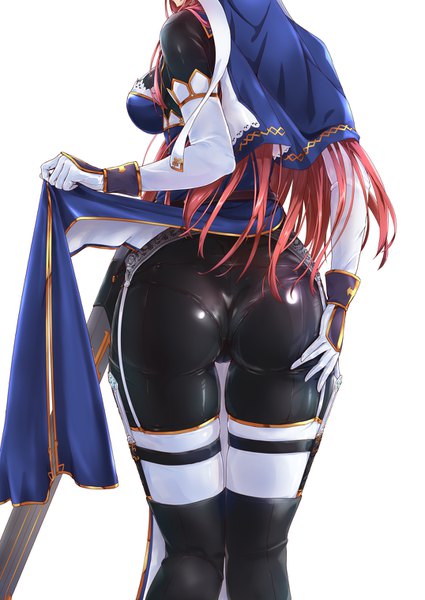 Anime picture 1075x1518 with original tori@gununu single long hair tall image breasts light erotic simple background standing white background ass red hair from behind shadow hand on hip head out of frame knees touching shiny clothes skin tight girl
