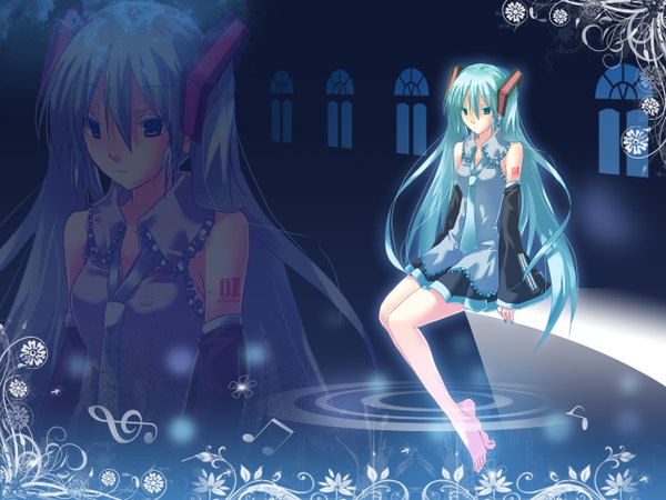 Anime picture 1280x960 with vocaloid hatsune miku single long hair fringe sitting twintails full body upper body barefoot aqua eyes aqua hair tattoo dark background zoom layer soaking feet abstract girl hair ornament flower (flowers)