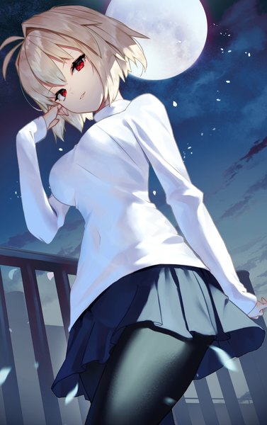 Anime picture 2040x3250 with shingetsutan tsukihime tsukihime (remake) type-moon arcueid brunestud scottie (phantom2) single tall image looking at viewer fringe highres breasts blonde hair red eyes standing cloud (clouds) ahoge outdoors long sleeves parted lips head tilt