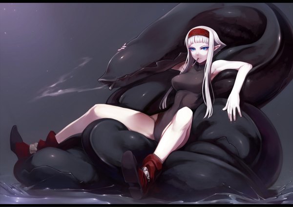 Anime picture 1810x1280 with original pixiv fantasia pixiv fantasia fallen kings tsuki tokage single fringe highres short hair breasts blue eyes light erotic blonde hair sitting holding looking away pointy ears mouth hold girl hairband