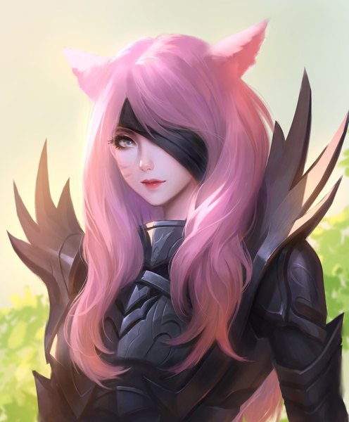 Anime picture 1241x1500 with final fantasy final fantasy xiv square enix miqo'te chaosringen single long hair tall image looking at viewer fringe animal ears pink hair upper body light smile lips sunlight cat ears realistic cat girl facial mark