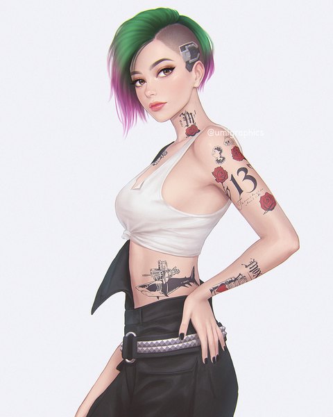 Anime picture 1000x1250 with cyberpunk 2077 judy alvarez umigraphics single tall image looking at viewer fringe short hair breasts simple background standing brown eyes signed pink hair nail polish multicolored hair fingernails green hair realistic two-tone hair