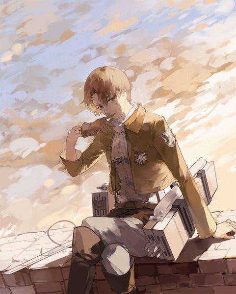 Anime picture 1076x1340 with shingeki no kyojin production i.g levi (rivaille) nine (liuyuhao1992) single tall image looking at viewer short hair brown hair sitting brown eyes sky cloud (clouds) crossed legs boy weapon sword thigh boots single glove