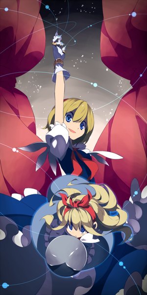 Anime picture 700x1400 with touhou alice margatroid shanghai mikan (mkn 0710) single long hair tall image looking at viewer short hair open mouth blue eyes blonde hair fighting stance girl dress gloves white gloves hairband thread