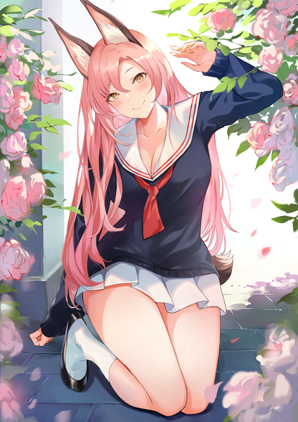 Anime picture 1446x2048 with original nr noir single long hair tall image looking at viewer blush fringe breasts smile hair between eyes animal ears yellow eyes pink hair cleavage full body tail long sleeves head tilt animal tail