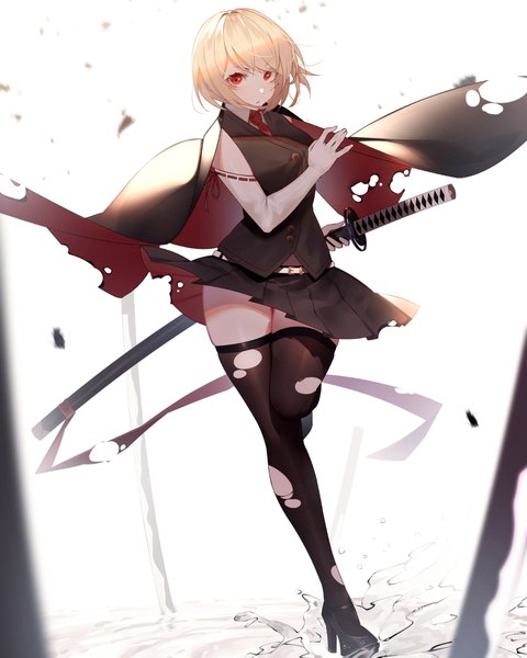 Anime picture 1600x2000 with original kisui single tall image looking at viewer fringe short hair simple background blonde hair red eyes standing white background holding full body parted lips pleated skirt high heels standing on one leg serious sheathed