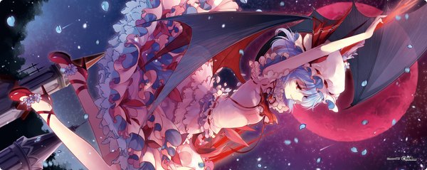 Anime picture 4132x1652 with touhou remilia scarlet kieta single highres short hair red eyes wide image blue hair red moon girl dress petals wings frills bonnet