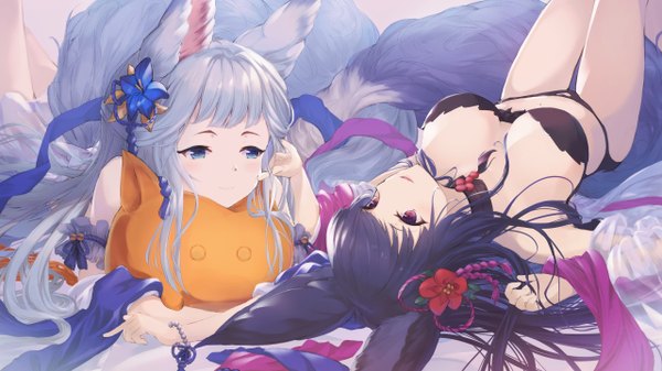 Anime picture 2560x1440 with granblue fantasy yuel (granblue fantasy) socie (granblue fantasy) coffee1223 long hair fringe highres breasts blue eyes light erotic black hair wide image large breasts purple eyes multiple girls animal ears cleavage silver hair tail lying