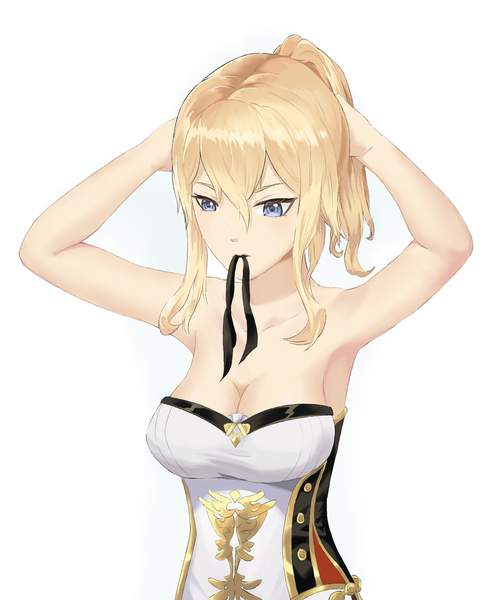 Anime picture 2500x3000 with genshin impact jean gunnhildr palmito single long hair tall image fringe highres breasts blue eyes light erotic simple background blonde hair hair between eyes large breasts white background holding payot looking away upper body