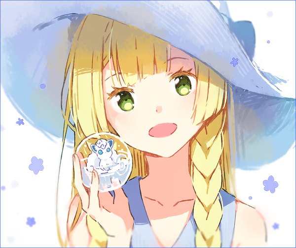 Anime picture 850x715 with pokemon pokemon sm nintendo lillie (pokemon) alolan vulpix hakusai (tiahszld) single long hair blush fringe open mouth simple background blonde hair smile white background holding green eyes upper body braid (braids) head tilt