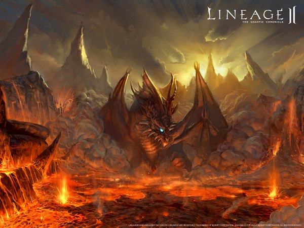 Anime picture 1600x1200 with lineage (game) blue eyes sky cloud (clouds) evening sunset lava volcano fire dragon molten rock