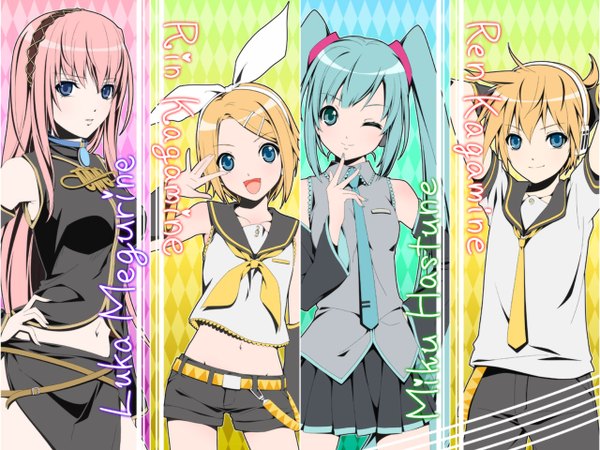 Anime picture 1280x960 with vocaloid hatsune miku megurine luka kagamine rin kagamine len girl