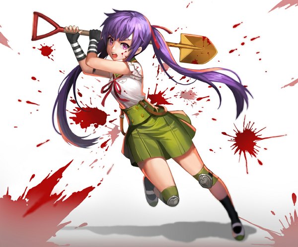 Anime picture 1017x842 with gakkou gurashi! ebisuzawa kurumi sl86 single long hair looking at viewer fringe open mouth simple background standing white background twintails holding purple hair pleated skirt pink eyes shadow standing on one leg blood on face bloody clothes