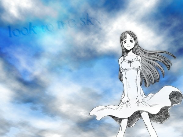 Anime picture 1024x768 with long hair sky inscription girl dress