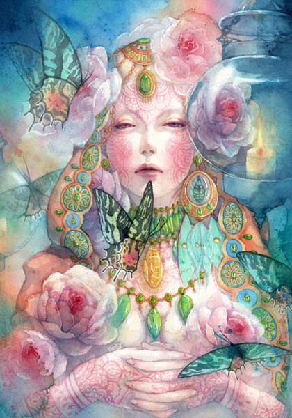 Anime picture 1049x1500 with original shuka (artist) single tall image lips grey eyes tattoo traditional media watercolor (medium) girl earrings rose (roses) insect butterfly jewelry