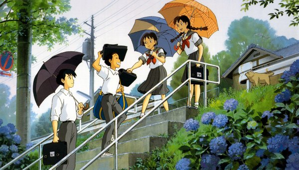 Anime picture 1349x768 with whisper of the heart studio ghibli amasawa seiji tsukishima shizuku harada yuuko sugimura long hair short hair black hair wide image multiple girls cloud (clouds) braid (braids) multiple boys from below twin braids girl boy uniform flower (flowers)