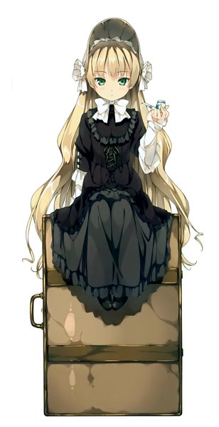 Anime picture 1413x2749 with gosick studio bones victorique de blois kantoku single tall image looking at viewer fringe simple background blonde hair hair between eyes white background sitting holding green eyes payot full body very long hair loli lacing