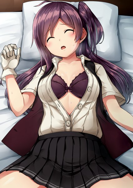 Anime picture 852x1200 with kantai collection hagikaze (kantai collection) kamelie single long hair tall image blush fringe breasts open mouth light erotic cleavage purple hair ahoge lying eyes closed pleated skirt on back sweat one side up