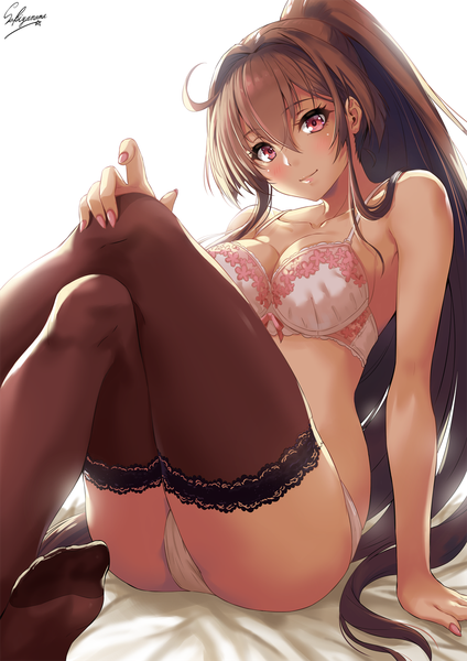 Anime picture 1000x1414 with kantai collection yamato super battleship sakiyamama single long hair tall image looking at viewer blush fringe breasts light erotic simple background hair between eyes red eyes brown hair white background sitting signed cleavage ahoge