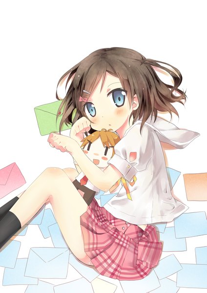 Anime picture 2480x3507 with hentai ouji to warawanai neko j.c. staff tsutsukakushi tsukiko uko (xioushotacon) single tall image blush highres short hair blue eyes brown hair one side up girl skirt uniform school uniform miniskirt socks black socks doll (dolls)