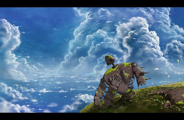Anime picture 1000x656 with laputa castle in the sky studio ghibli laputa robot cola (pixiv) sky cloud (clouds) wind letterboxed damage plant (plants) robot